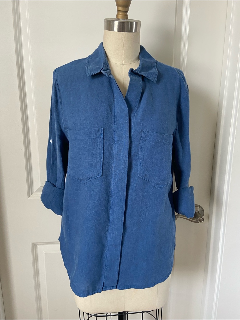 Cloth & Stone 100%Linen Hi/Low Button Down Split Back Top Patch Pocket Blue XS